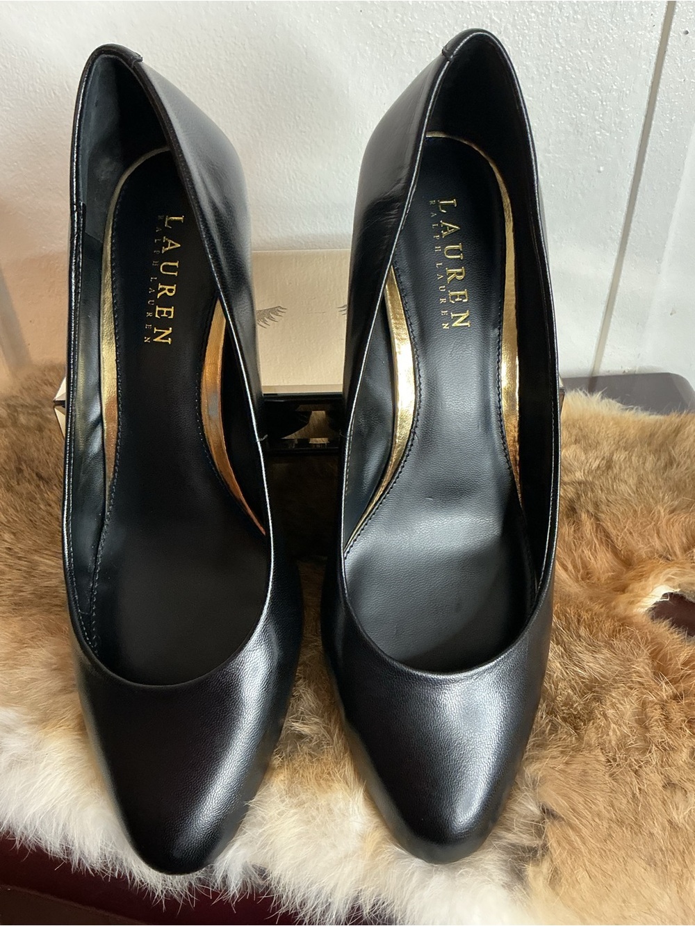 Ralph Lauren Black Leather Pointed Toe Pumps with Gold Insole Trim